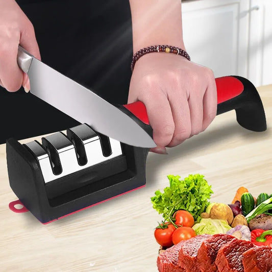 Afiador de facas de cozinha de 3/4 segmentos, multifuncional, portátil, pedra de afiar preta de 3/4 propósitos